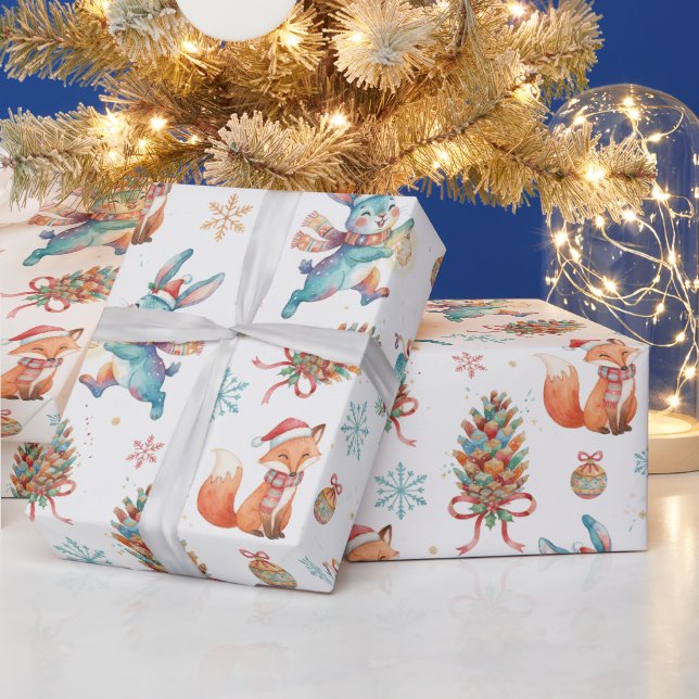 Papel De Presente Woodland Christmas Fox, Bunny & Pinecone Pattern (Feriados)
