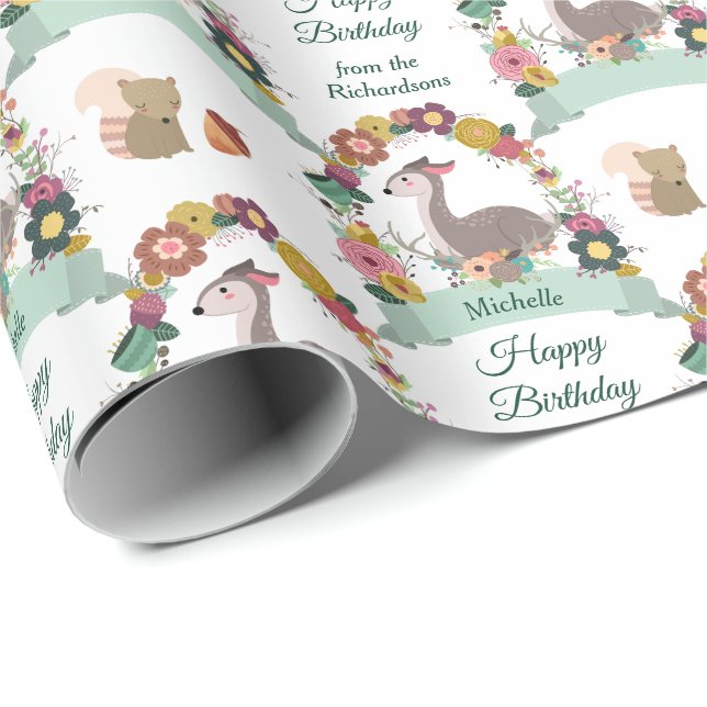 Papel De Presente Woodland Deer Wreath Happy Birday (Ponta do rolo)