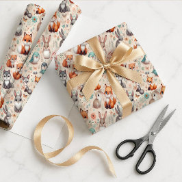 Papel De Presente Woodland Fox Bunny Watercolor Boho Gift Wrap Paper