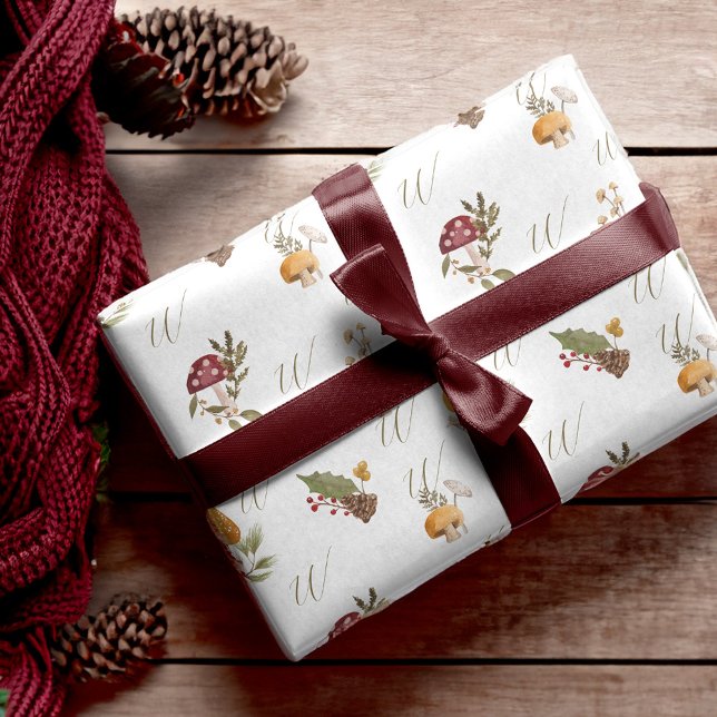 Papel De Presente Woodland Watercolor Woodsy Mushroom Monograma (Woodland Watercolor Woodsy Mushroom Monogram Wrapping Paper)