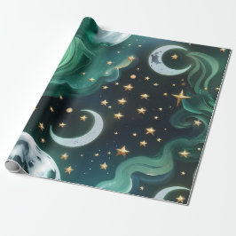 Papel De Presente Wrapping Paper - Emerald Green Celestial Moon