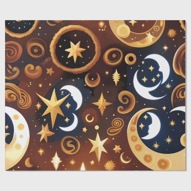 Papel De Presente Wrapping Paper -Golden Ochre Celestial Moon Patten (Aberto)