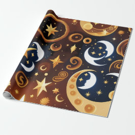 Papel De Presente Wrapping Paper -Golden Ochre Celestial Moon Patten