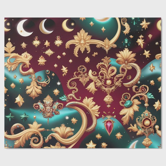 Papel De Presente Wrapping Paper – Luxury Crimson Red Celestial Moon (Aberto)