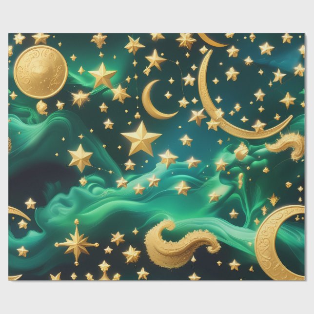 Papel De Presente Wrapping Paper – Luxury Emerald Celestial Moon  (Aberto)
