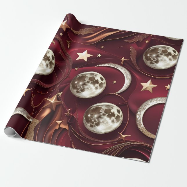 Papel De Presente Wrapping Paper – Luxury Garnet Red Celestial Moon  (Desenrolado)