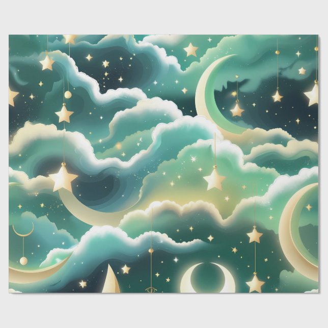 Papel De Presente Wrapping Paper – Luxury Mint Green Celestial Moon (Aberto)