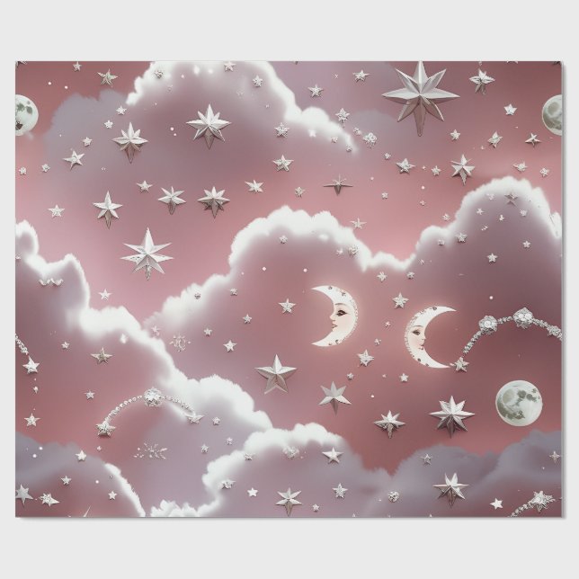 Papel De Presente Wrapping Paper – Luxury Quartz Pink Celestial Moon (Aberto)