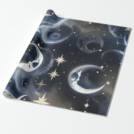 Papel De Presente Wrapping Paper - Platinum Silver Celestial Moon