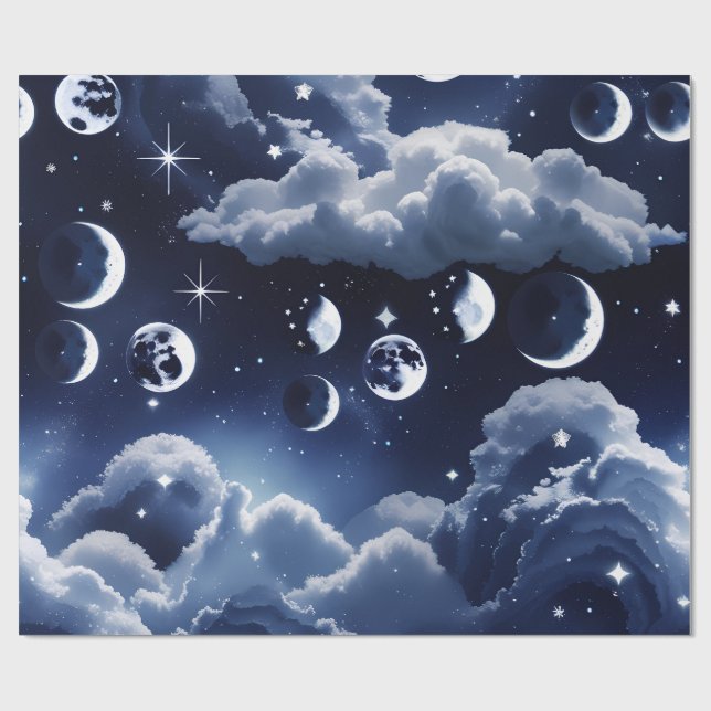 Papel De Presente Wrapping Paper - Silver Celestial Moon Design (Aberto)