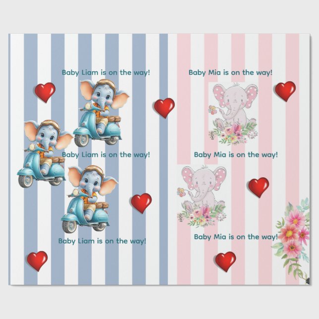 Papel De Presente Wrapping Paper Twins Blue Pink Stripe Elephant (Aberto)