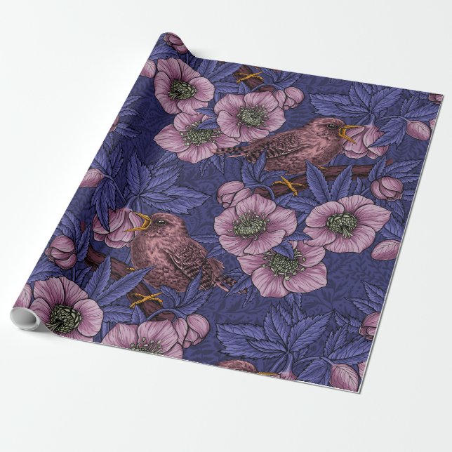 Papel De Presente Wren e hellebore, violeta e rosa (Desenrolado)