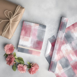 Papel De Presente Xadrez Abstrato Médio Rosa e Cinza