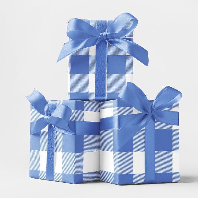 Papel De Presente Xadrez Azul e Branco Grande Flor do Milharal (Large Cornflower Blue and White Gingham Wrapping Paper)