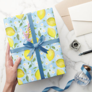 Papel De Presente Xadrez Azul Limões e Margaridas