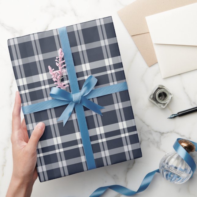Papel De Presente Xadrez Azul Marinho e Branco Tartan (Presentear)