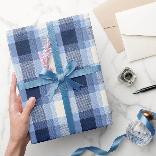 Papel De Presente Xadrez Azul Naval Tradicional no Tom do Céu (Presentear)