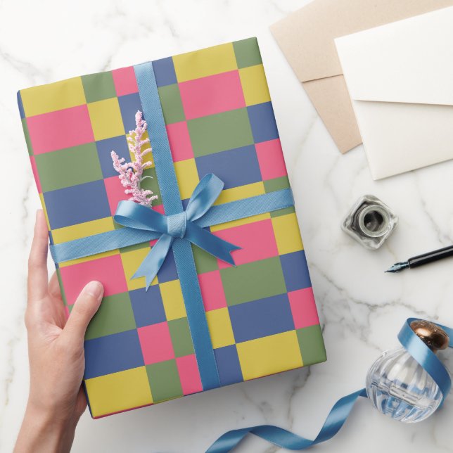 Papel De Presente Xadrez Azul Rosa Amarelo Verde (Presentear)