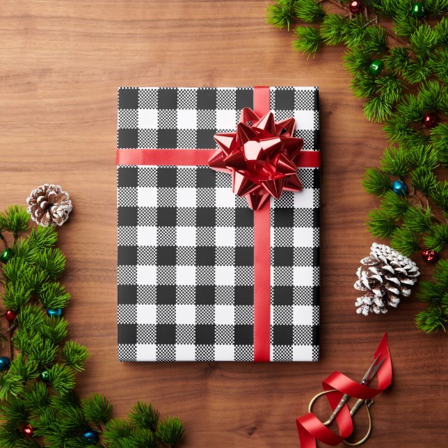 Papel De Presente Xadrez Branco e Preto e Plaid Búfalo (Presente de Natal)