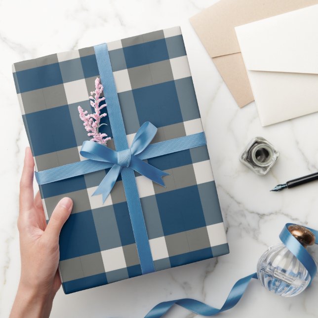Papel De Presente Xadrez Búfalo Branco Cinza Azul  (Presentear)