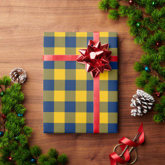 Papel De Presente Xadrez Búfalo Dourado e Azul Naval