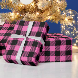 Papel De Presente Xadrez Búfalo Rosa Quente e Preto Feminino