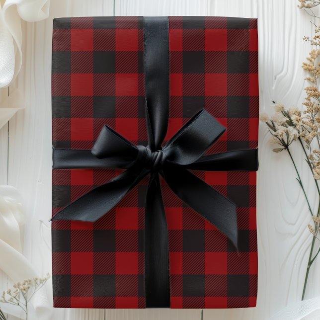 Papel De Presente Xadrez Búfalo Rústico Preto e Vermelho Natal (Criador carregado)