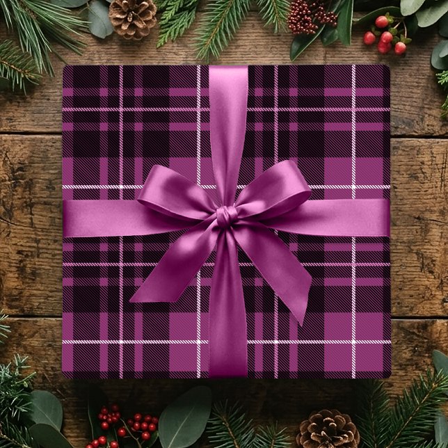 Papel De Presente Xadrez Clássico de Natal Rosa Escuro Férias Tartan (Criador carregado)