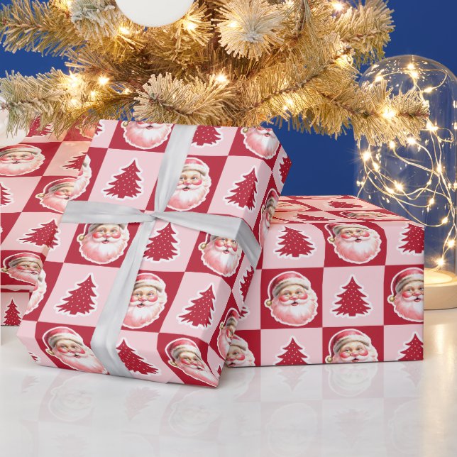 Papel De Presente Xadrez de Árvore de Natal Red Retro Santa Claus (Feriados)