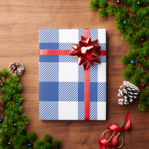 Papel De Presente Xadrez de Búfalo Branco e Azul Real de Natal