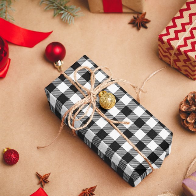 Papel De Presente Xadrez de Búfalo Branco e Preto (White and Black Buffalo Plaid Wrapping Paper)
