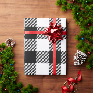 Papel De Presente Xadrez de Búfalo Branco e Preto de Natal