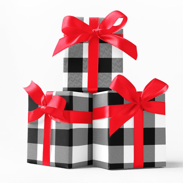 Papel De Presente Xadrez de Búfalo Grande Branco e Preto (Large White and Black Chevron Buffalo Plaid Wrapping Paper)