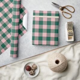 Papel De Presente Xadrez de Búfalo Moderno Natal Feriado Verde Rosa