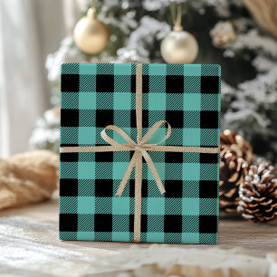 Papel De Presente Xadrez de Búfalo Preto Azul Turquesa Lenhador