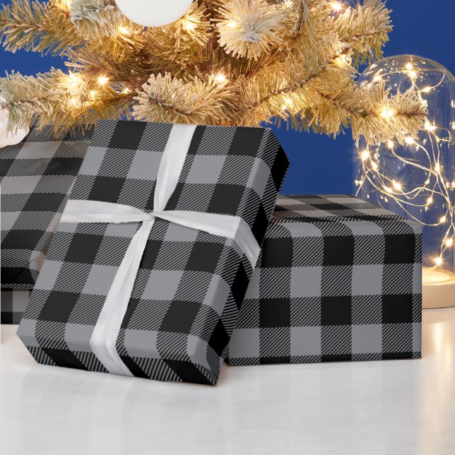 Papel De Presente Xadrez de Búfalo Preto e Cinza de Natal (Feriados)