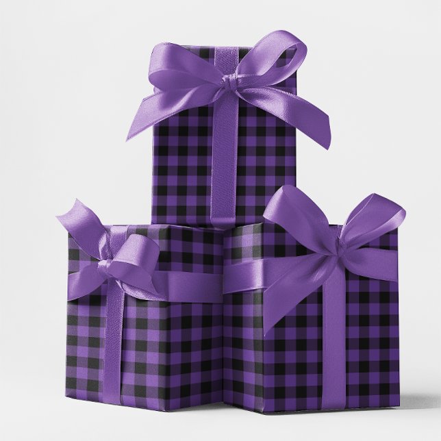 Papel De Presente Xadrez de Búfalo Roxo Médio e Negro (Medium Purple and Black Buffalo Plaid Wrapping Paper)