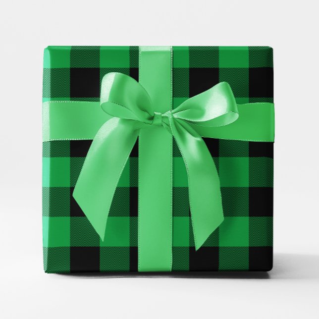 Papel De Presente Xadrez de Búfalo Verde e Preto com Chevron Grande (Large Green and Black Chevron Buffalo Plaid Wrapping Paper)