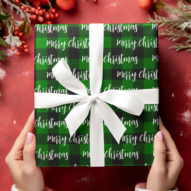 Papel De Presente Xadrez de Búfalo Verde Texto Feliz Natal (Criador carregado)