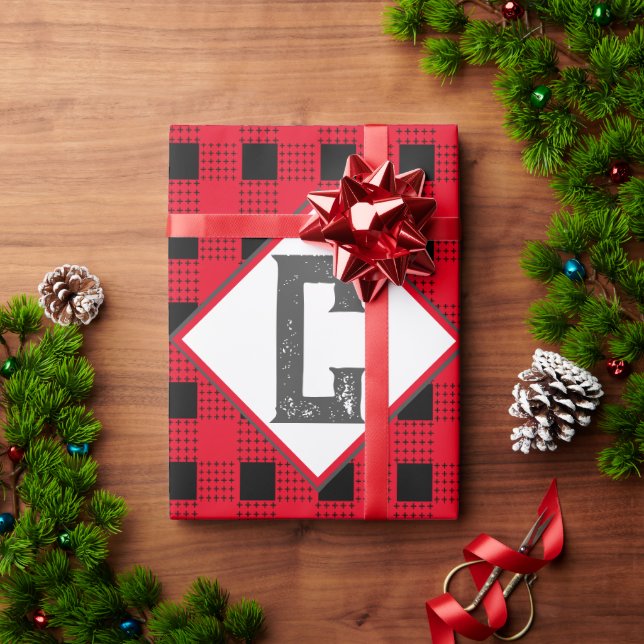 Papel De Presente xadrez de búfalos vermelho e preto Monograma cláss (Presente de Natal)