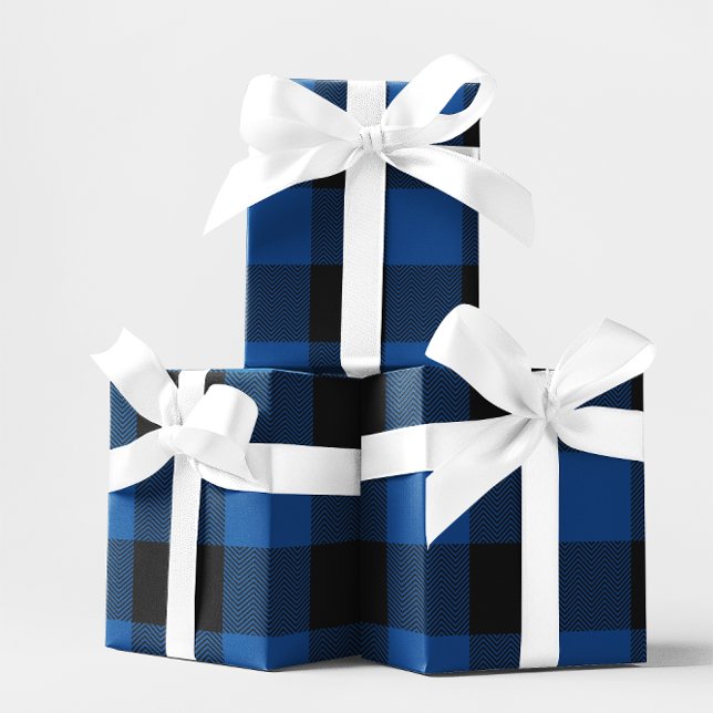 Papel De Presente Xadrez de Buffalo Grande Azul e Chevron Negro (Large Blue and Black Chevron Buffalo Plaid Wrapping Paper)