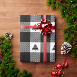 Papel De Presente Xadrez de Buffalo Preto e Branco com Árvores de Na