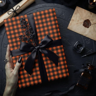 Papel De Presente Xadrez de Gingham Laranja e Preto