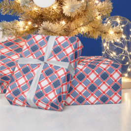 Papel De Presente Xadrez de Gingham Vermelho Branco e Azul em Aquare