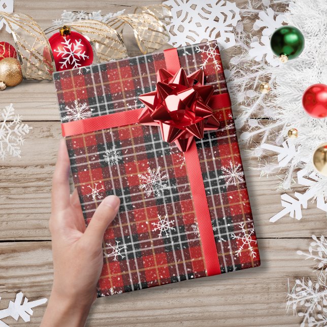 Papel De Presente Xadrez de Inverno Floco de Neve Vermelho Preto (Criador carregado)