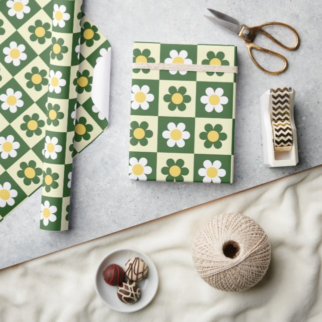 Papel De Presente Xadrez de Margarida em Verde Salvia e Creme Retrô (Artesanato)