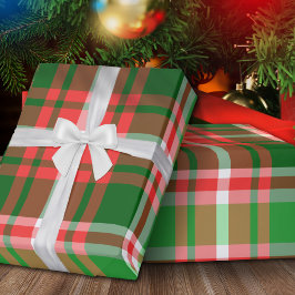 Papel De Presente Xadrez de Natal Branco Verde Vermelho Clássico Fes