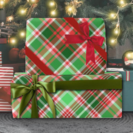 Papel De Presente Xadrez de Natal Branco Verde Vermelho Clássico Fes