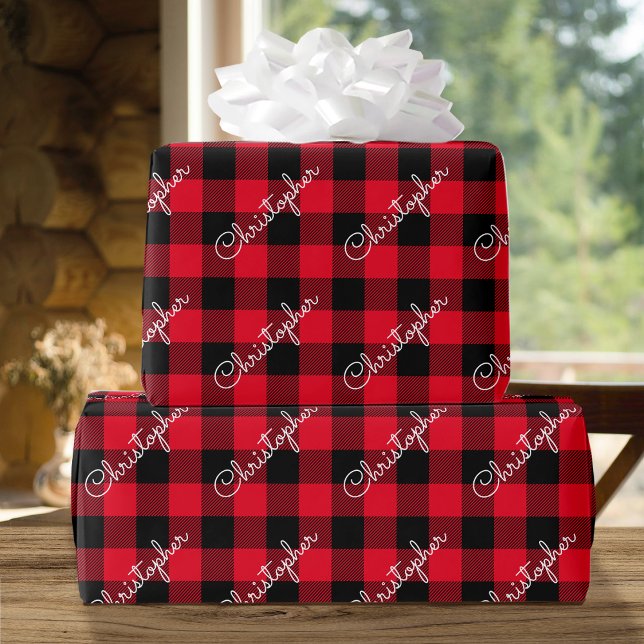 Papel De Presente Xadrez de Natal Buffalo Nome Personalizado Vermelh (Criador carregado)
