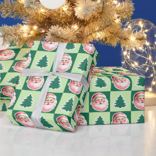 Papel De Presente Xadrez de Natal do Green Retro Santa Claus